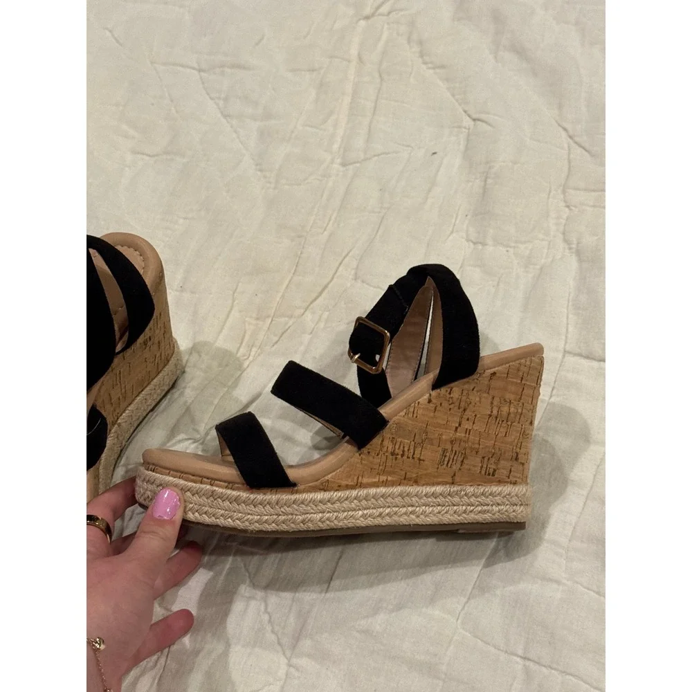 ZBY Womens Black Faux Suede Cork Espadrille Wedge Sandals Ankle Strap Size 7